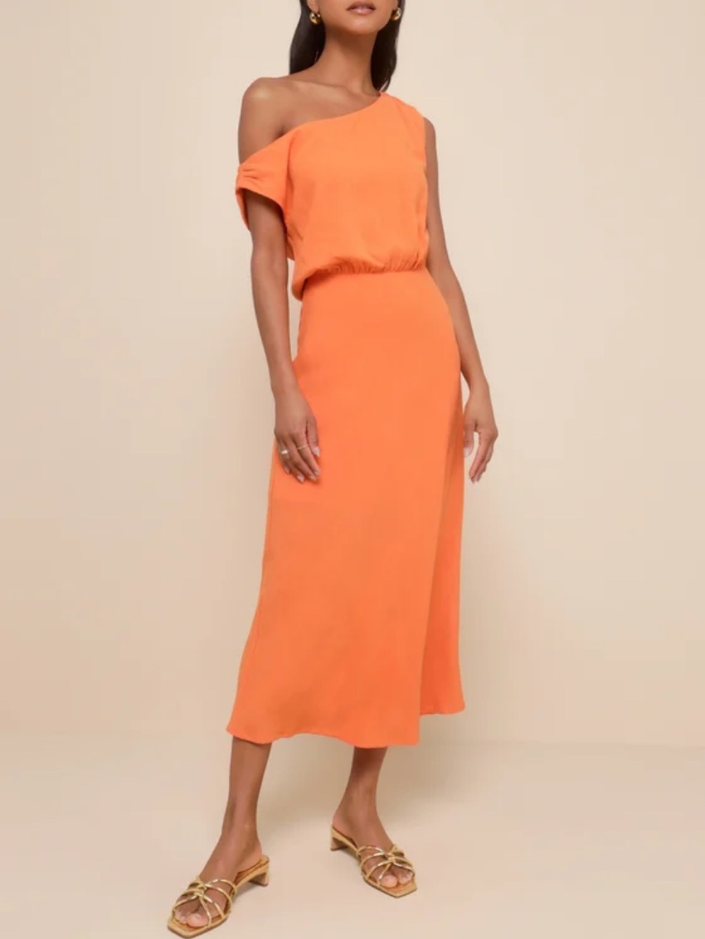Lulu's Casual Enchantment Orange Linen Off-the-Shoulder Midi Dress